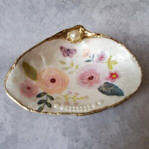 Shell Art Decoupage Pearls & Flowers Hand Painted Gold Trim Trinket Dish